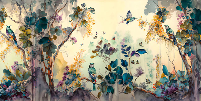 Papel pintado o fotomural dibujo colibrís y flores